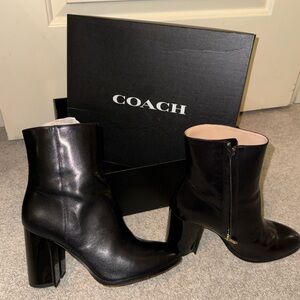 Coach Black Heeled Leather Boots. Coach C heel with gold zippers.